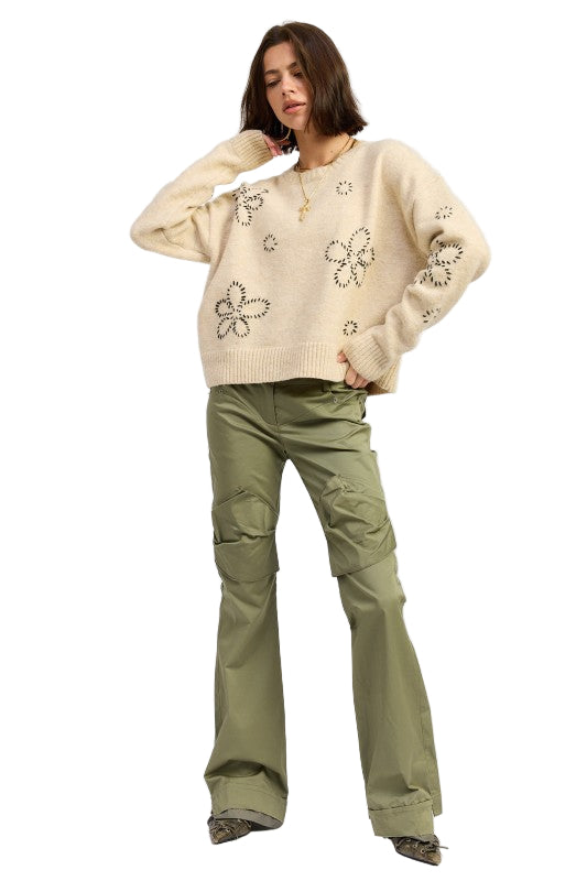 EMORY PARK FLORAL WHIPSTITCH SWEATER - Oat - Front Full View