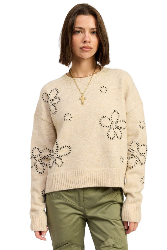 EMORY PARK FLORAL WHIPSTITCH SWEATER - Oat - Front View