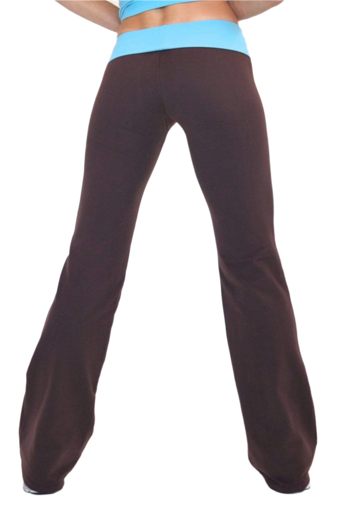 One Step Ahead Brushed Supplex Roll Down Contrast Waist Bootcut Pant - Chocolate Brown/Turquoise - Back View