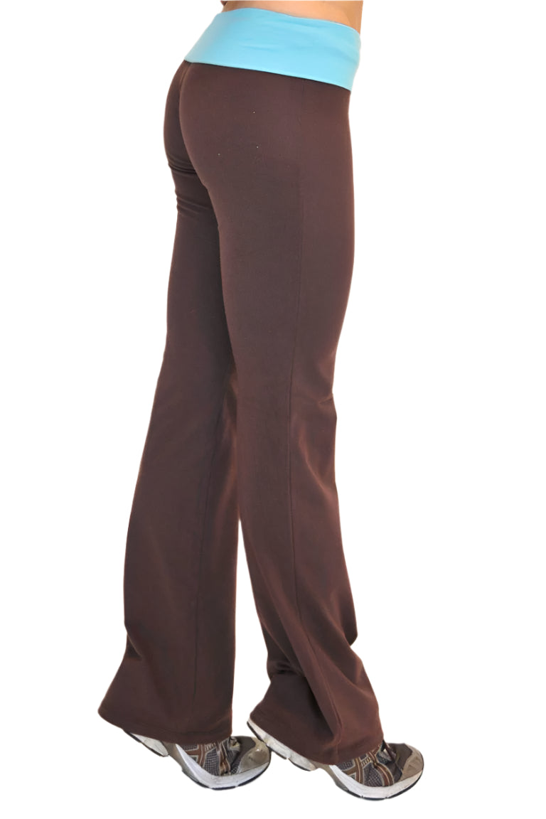 One Step Ahead Brushed Supplex Roll Down Contrast Waist Bootcut Pant - Chocolate Brown/Turquoise - Side View