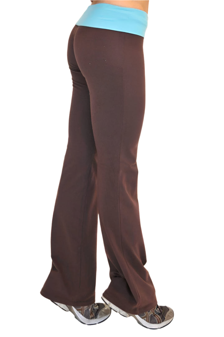 One Step Ahead Brushed Supplex Roll Down Contrast Waist Bootcut Pant - Chocolate Brown/Turquoise - Side View