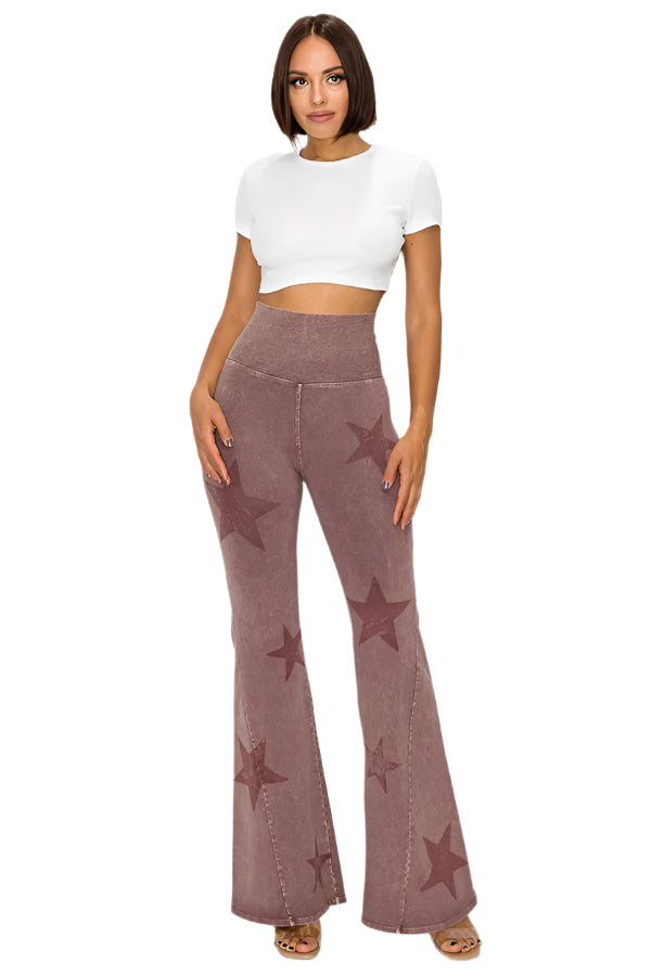T-Party Mineral Wash Star Print Fold Over Waist Flare Pants - Dark Rose - Front Full View2