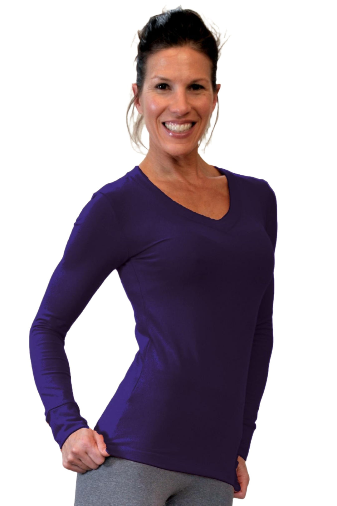 One Step Ahead Brushed Supplex V Neck Long Sleeve Top - Eggplant - Front Side View
