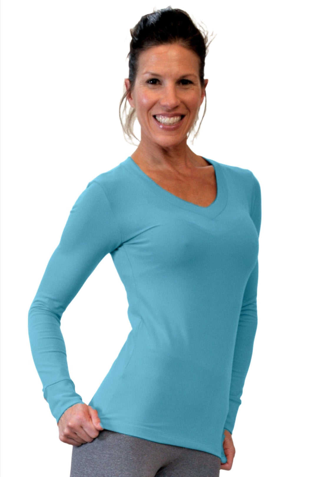 One Step Ahead Brushed Supplex V Neck Long Sleeve Top - Endeavor Blue - Front Side View