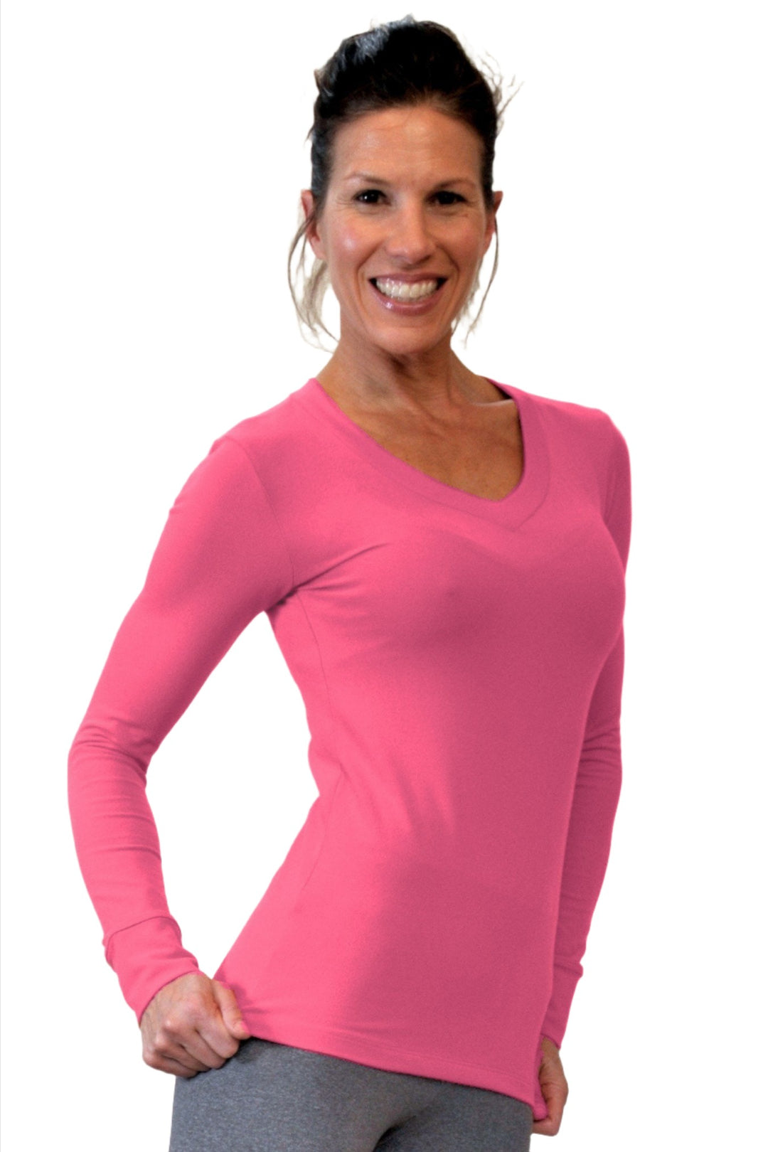 One Step Ahead Brushed Supplex V Neck Long Sleeve Top - Coral Pink - Front Side View