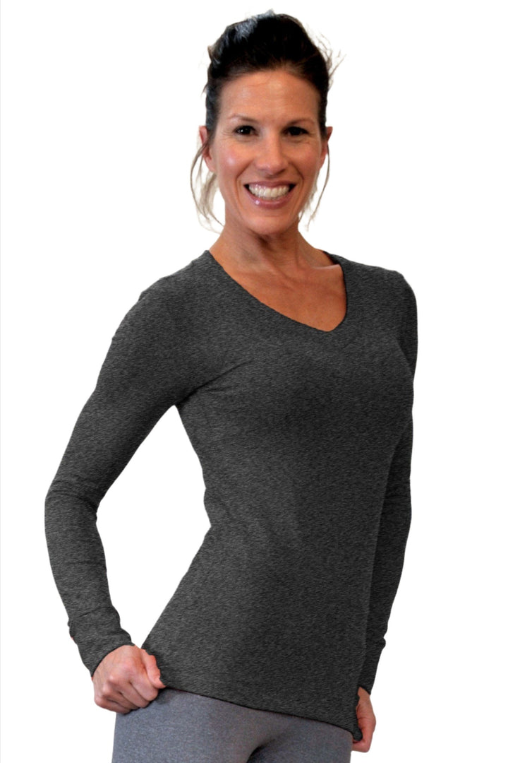 One Step Ahead Brushed Supplex V Neck Long Sleeve Top - Black - Front Side View