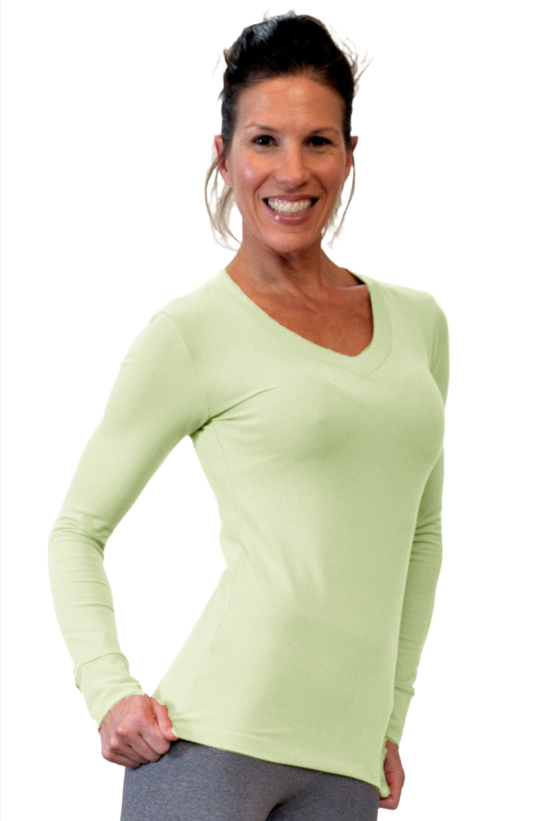 One Step Ahead Brushed Supplex V Neck Long Sleeve Top - Melon - Front Side View