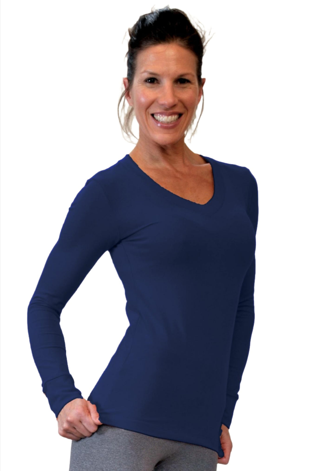 One Step Ahead Brushed Supplex V Neck Long Sleeve Top - Navy - Front Side View
