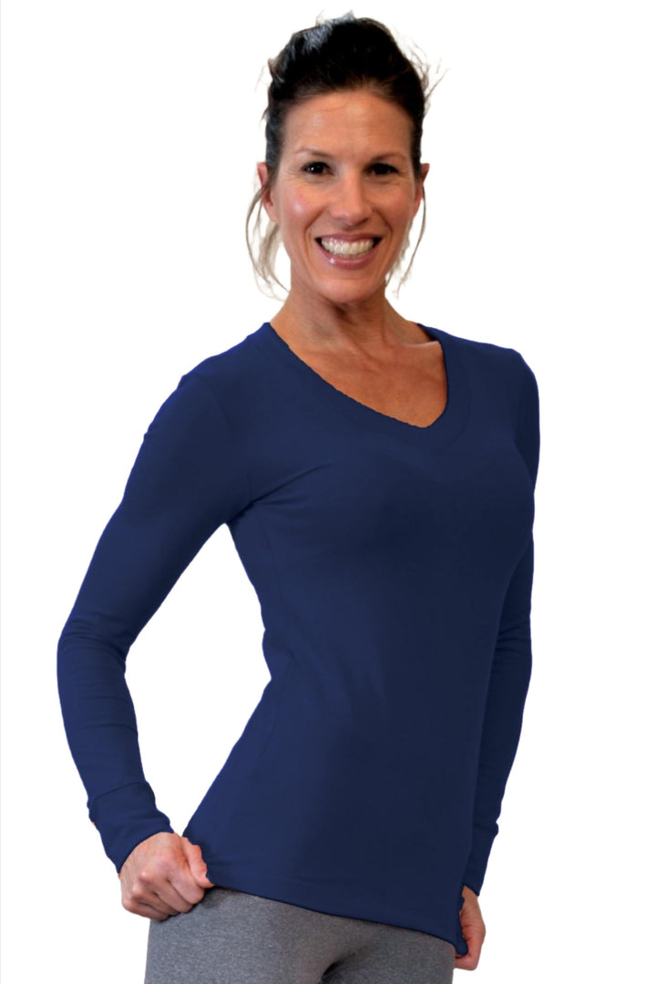 One Step Ahead Brushed Supplex V Neck Long Sleeve Top - Navy - Front Side View