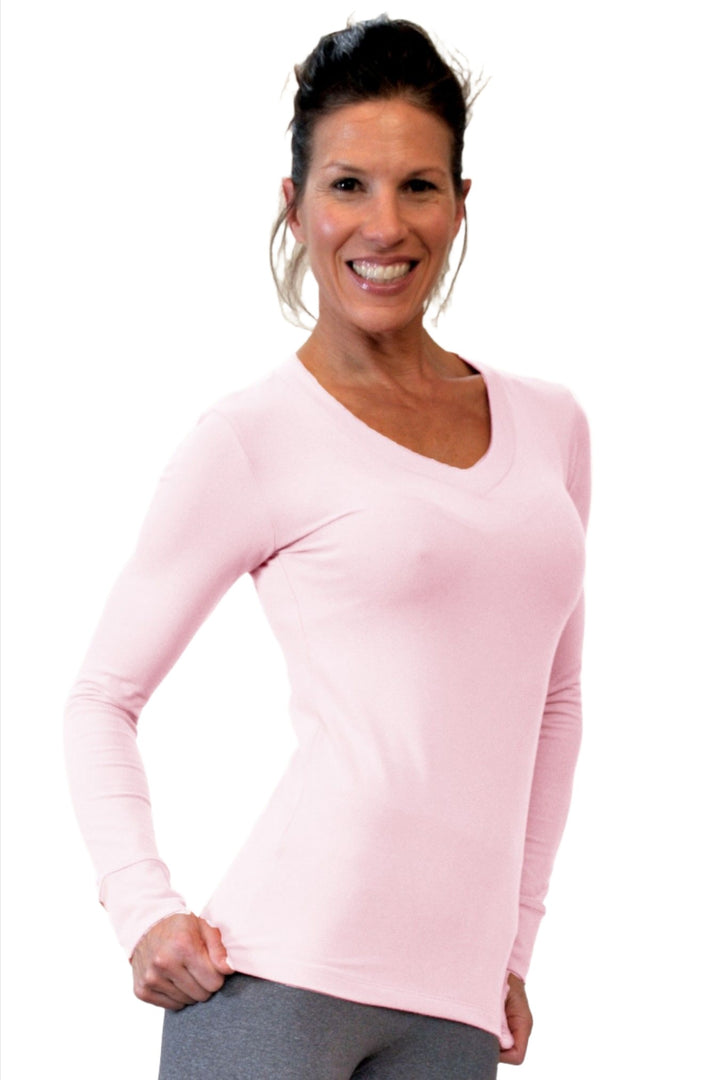 One Step Ahead Brushed Supplex V Neck Long Sleeve Top - Ballet Pink - Front Side View