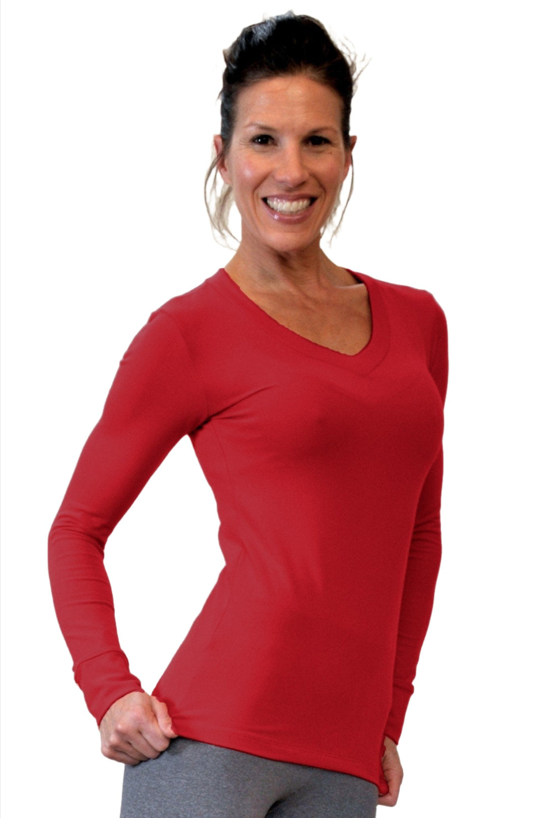 One Step Ahead Brushed Supplex V Neck Long Sleeve Top - Crimson Red - 