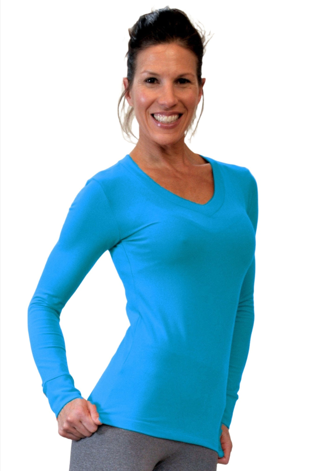 One Step Ahead Brushed Supplex V Neck Long Sleeve Top - Turquoise - 
