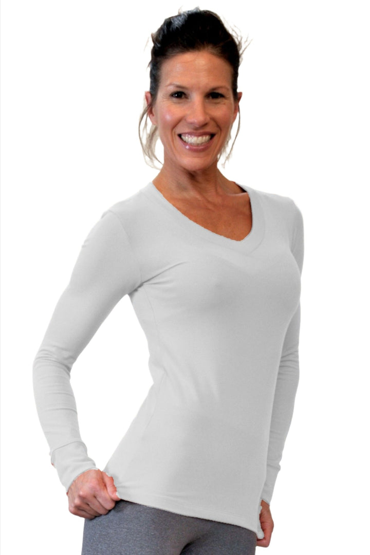 One Step Ahead Brushed Supplex V Neck Long Sleeve Top - White - 