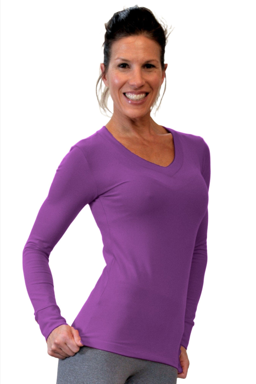One Step Ahead Brushed Supplex V Neck Long Sleeve Top - Wine - 