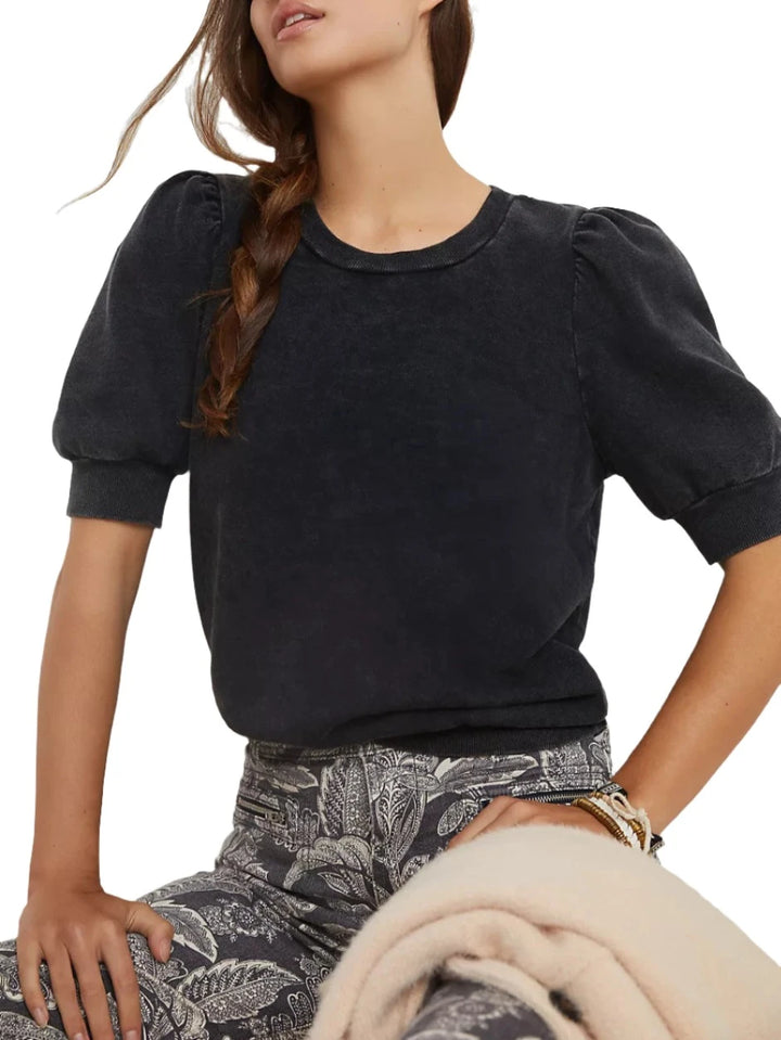 TLA French Terry Puff Sleeve Mineral Washed Black Top