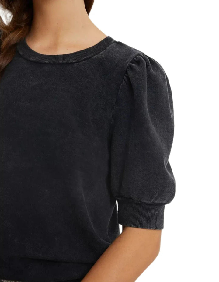 TLA French Terry Puff Sleeve Mineral Washed Black Top