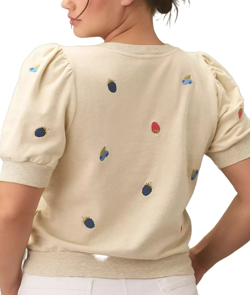 TLA Puff Sleeves Tee Shirt French Terry Beige with Berries