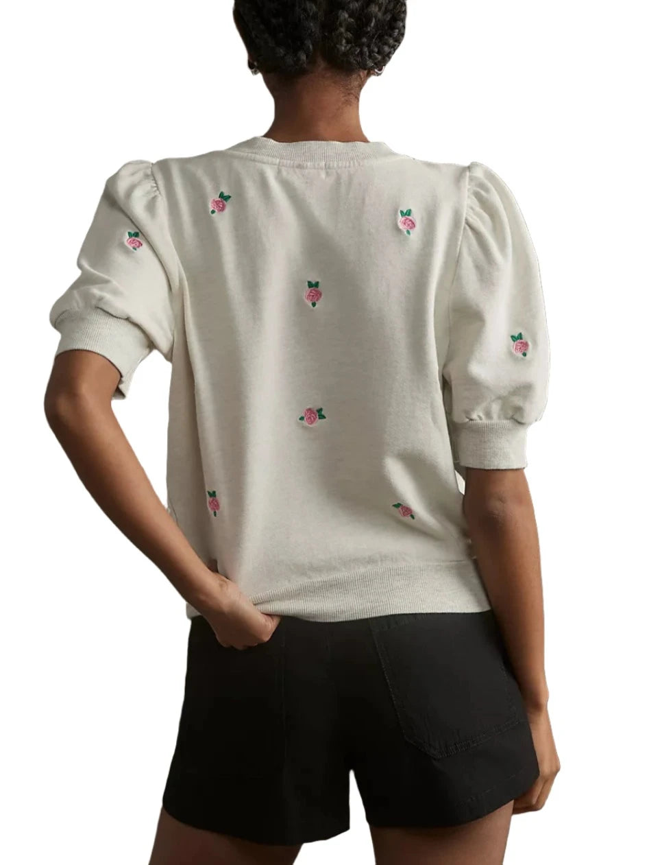 TLA Puff Sleeves Tee Shirt French Terry Beige with Carnations