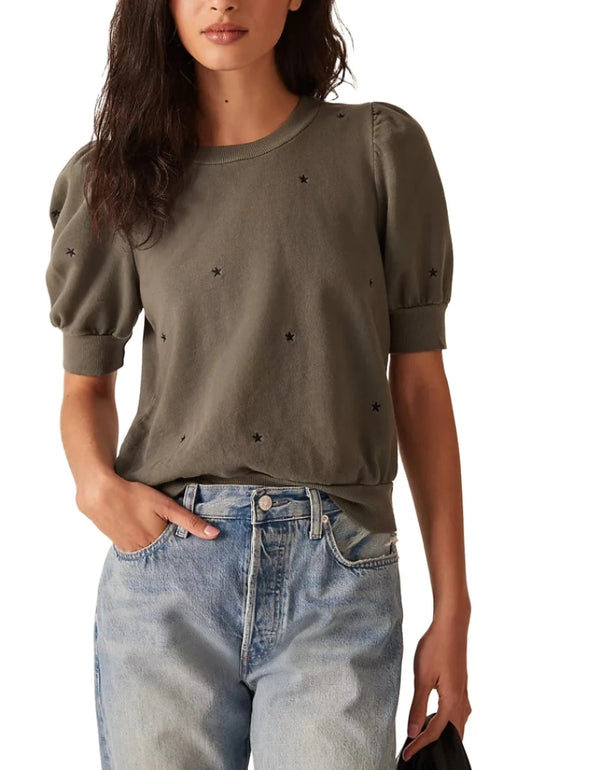 Charcoal TLA puff sleeve top with Stars Embroidered