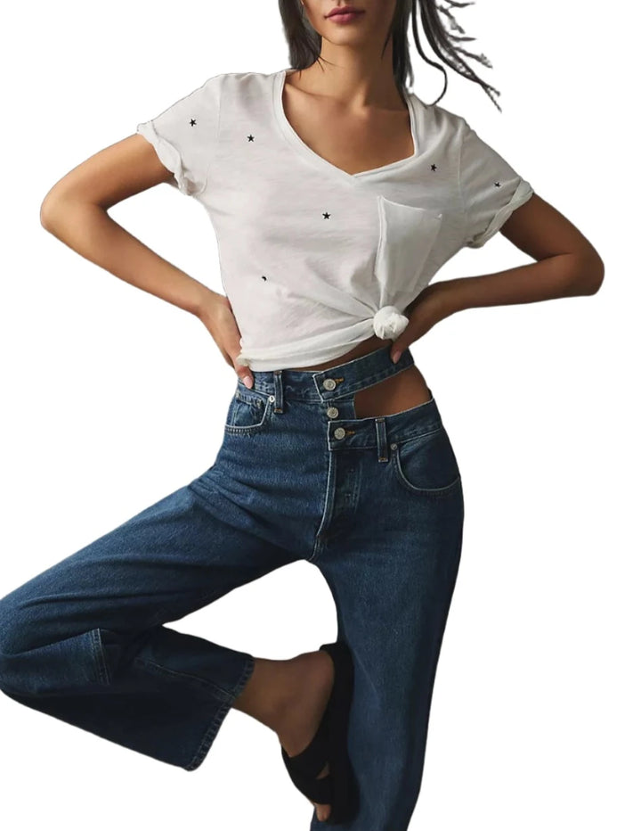 TLA V Neck Cuffed Sleeve Tee White with Stars