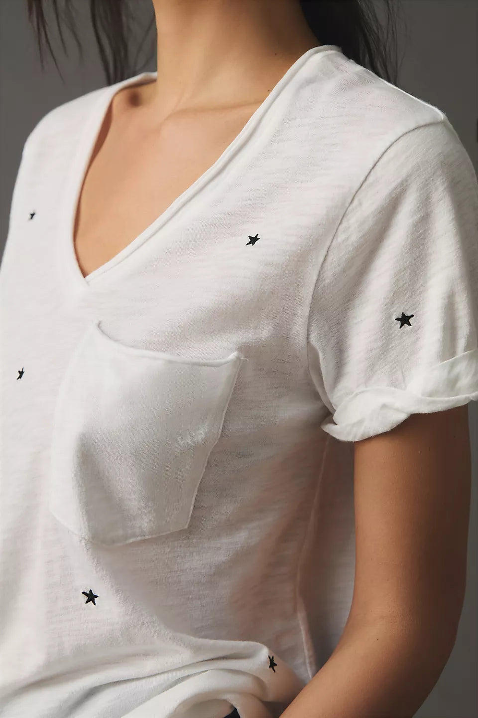 TLA close up white with stars v neck tee