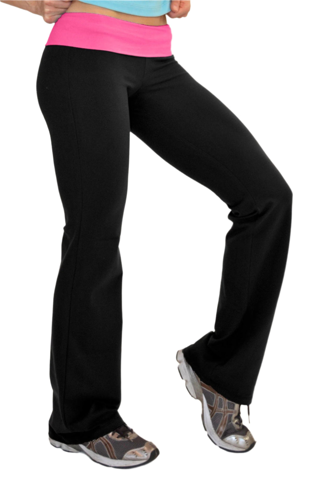 One Step Ahead Brushed Supplex Roll Down Contrast Waist Bootcut Pant - Black/Fuschia - Side View