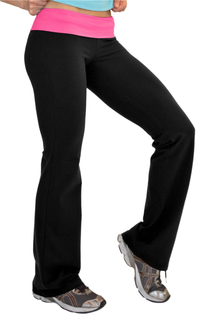 One Step Ahead Brushed Supplex Roll Down Contrast Waist Bootcut Pant - Black/Fuschia - Side View