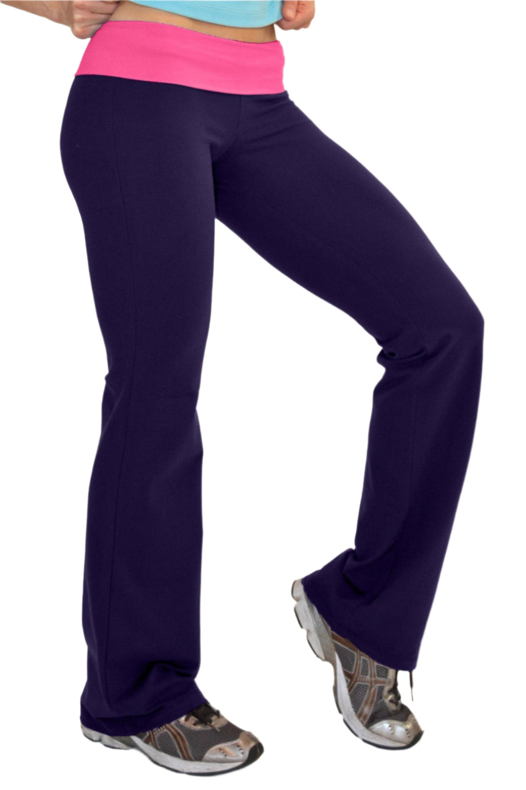 One Step Ahead Brushed Supplex Roll Down Contrast Waist Bootcut Pant - Egglant/Fuschia - Side View