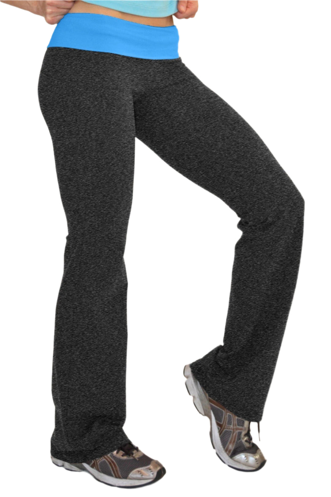 One Step Ahead Brushed Supplex Roll Down Contrast Waist Bootcut Pant - Charcoal/Turquoise - Side View