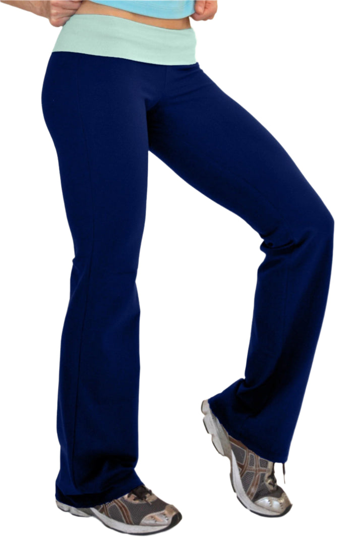 One Step Ahead Brushed Supplex Roll Down Contrast Waist Bootcut Pant - Navy/Cyan Blue - Side View