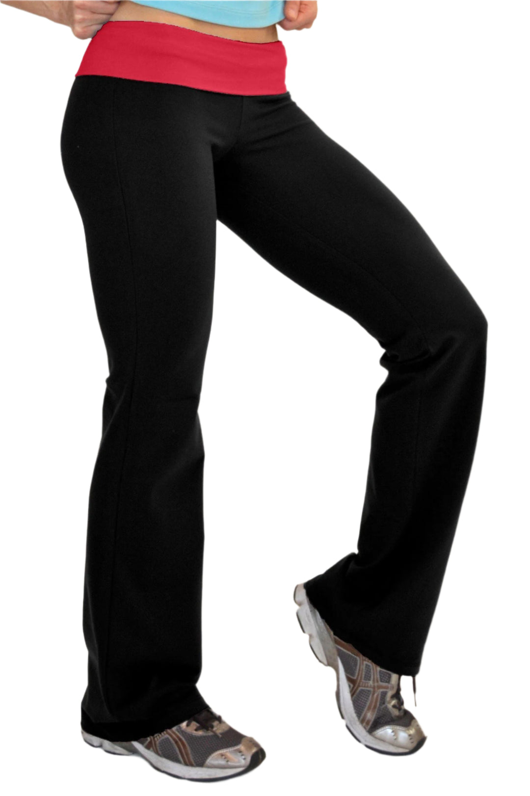 One Step Ahead Brushed Supplex Roll Down Contrast Waist Bootcut Pant - Black/Crimson Red - Side View