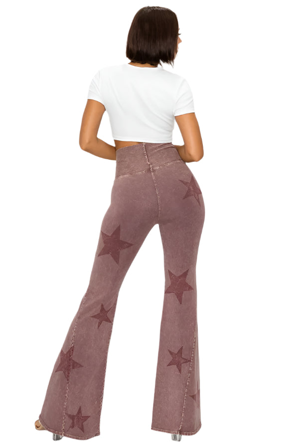 T-Party Mineral Wash Star Print Fold Over Waist Flare Pants - Dark Rose - Back Full View