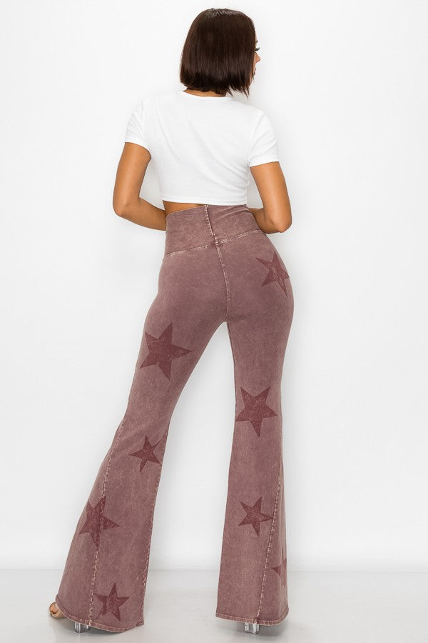 T-Party Mineral Wash Star Print Fold Over Waist Flare Pants CJ75491 Dark Rose