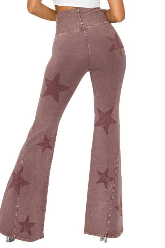 T-Party Mineral Wash Star Print Fold Over Waist Flare Pants - Dark Rose - Back View