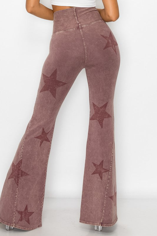 T-Party Mineral Wash Star Print Fold Over Waist Flare Pants CJ75491 Dark Rose