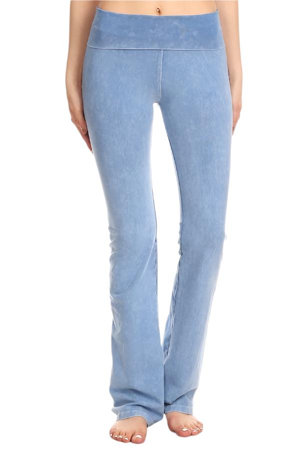 T-Party Fold Over Mineral Washed Yoga Pants - Light Blue - Front View