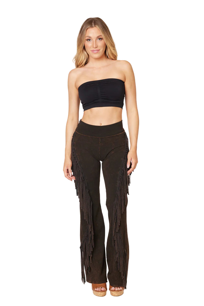 T-Party Fold Down SPIRAL FRINGE SIDE Mineral Washed Yoga Pants - Black - Front Full View