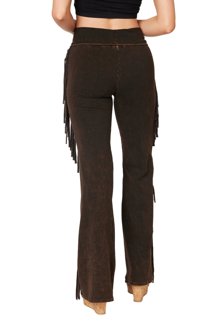 T-Party Fold Down SPIRAL FRINGE SIDE Mineral Washed Yoga Pants - Black - Back View