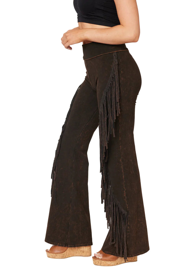 T-Party Fold Down SPIRAL FRINGE SIDE Mineral Washed Yoga Pants - Black - Side View