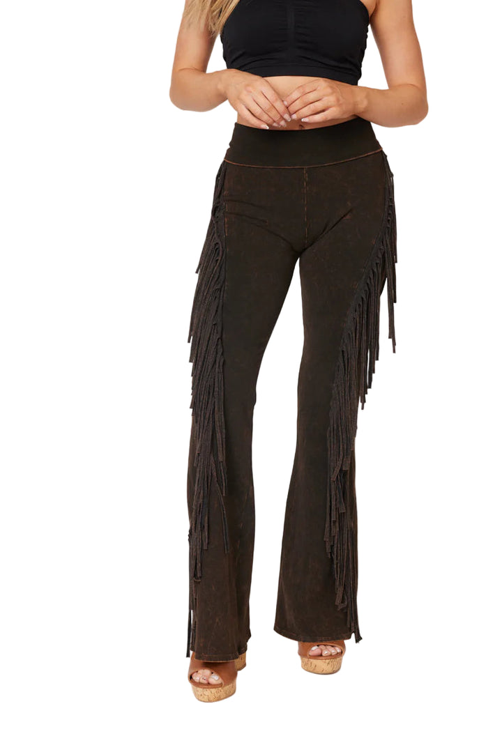 T-Party Fold Down SPIRAL FRINGE SIDE Mineral Washed Yoga Pants - Black - Front View