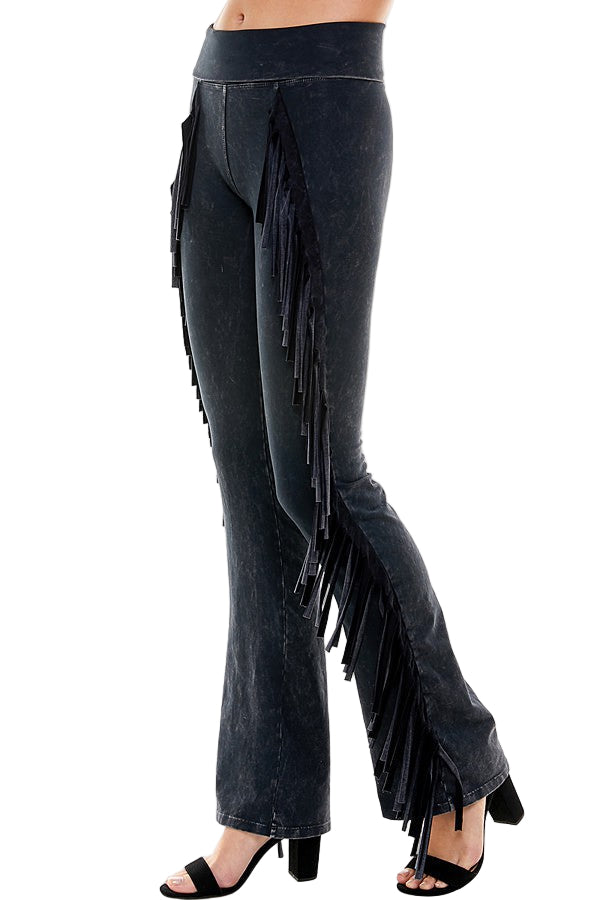 T-Party Fold Down SPIRAL FRINGE SIDE Mineral Washed Yoga Pants - Black - Side View