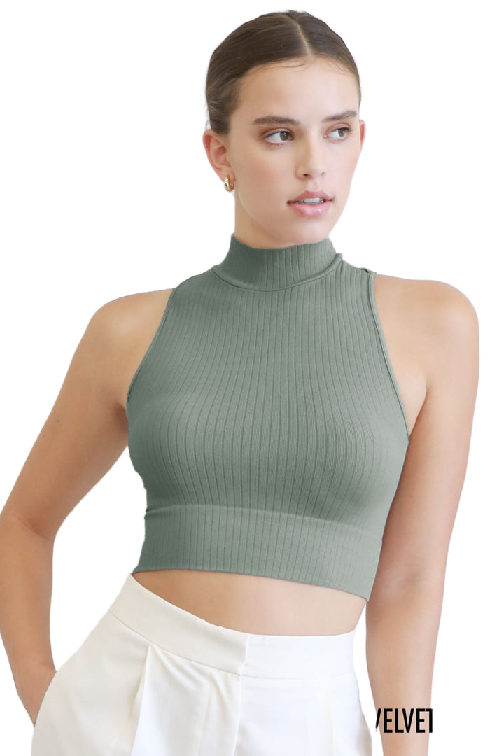 NikiBiki Ribbed Mock Neck Crop Top - Velvet Sage - Front View