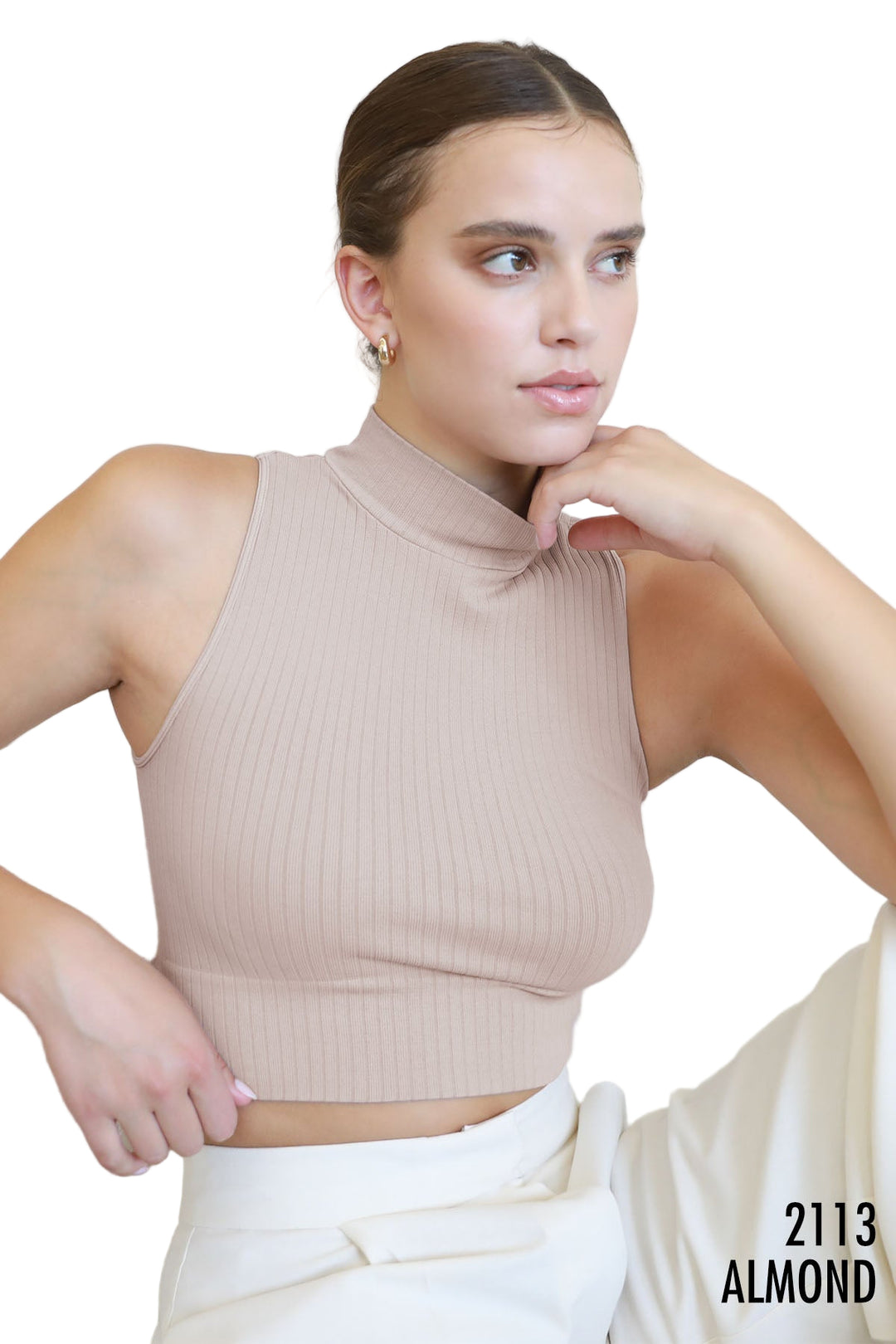 NikiBiki Ribbed Mock Neck Crop Top - Almond - Front View