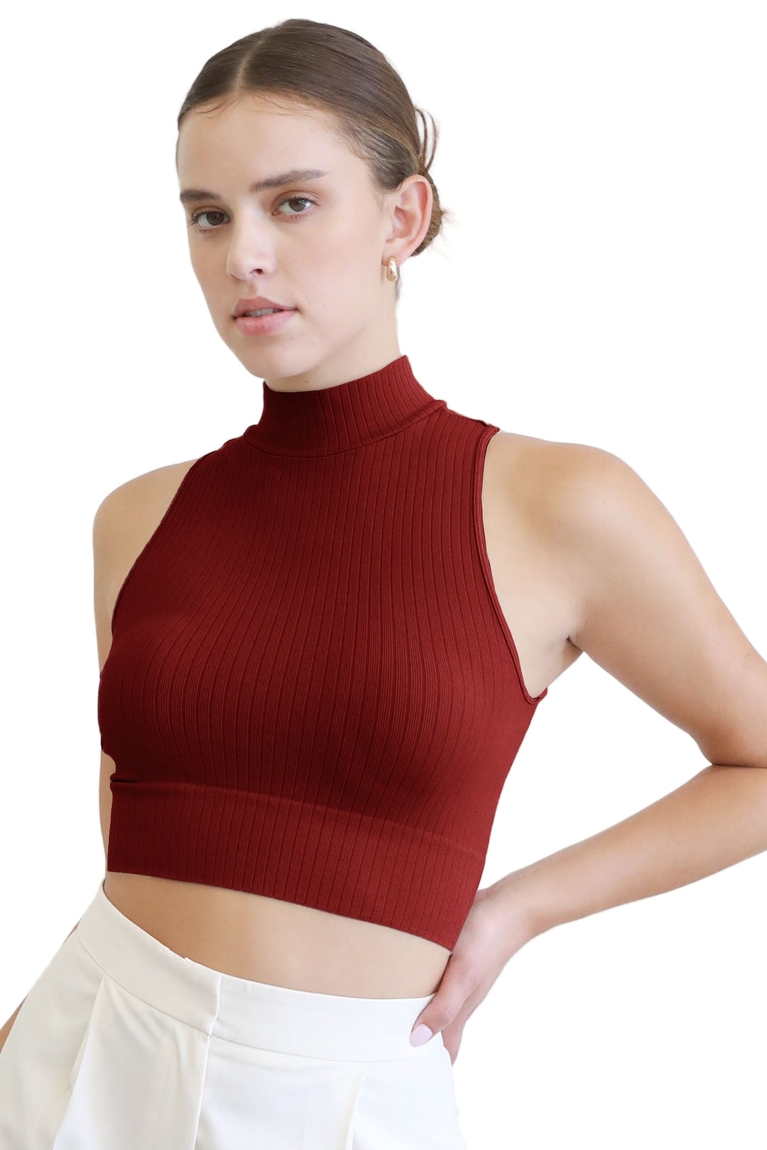 NikiBiki Ribbed Mock Neck Crop Top - Sundried Tomato - Front View