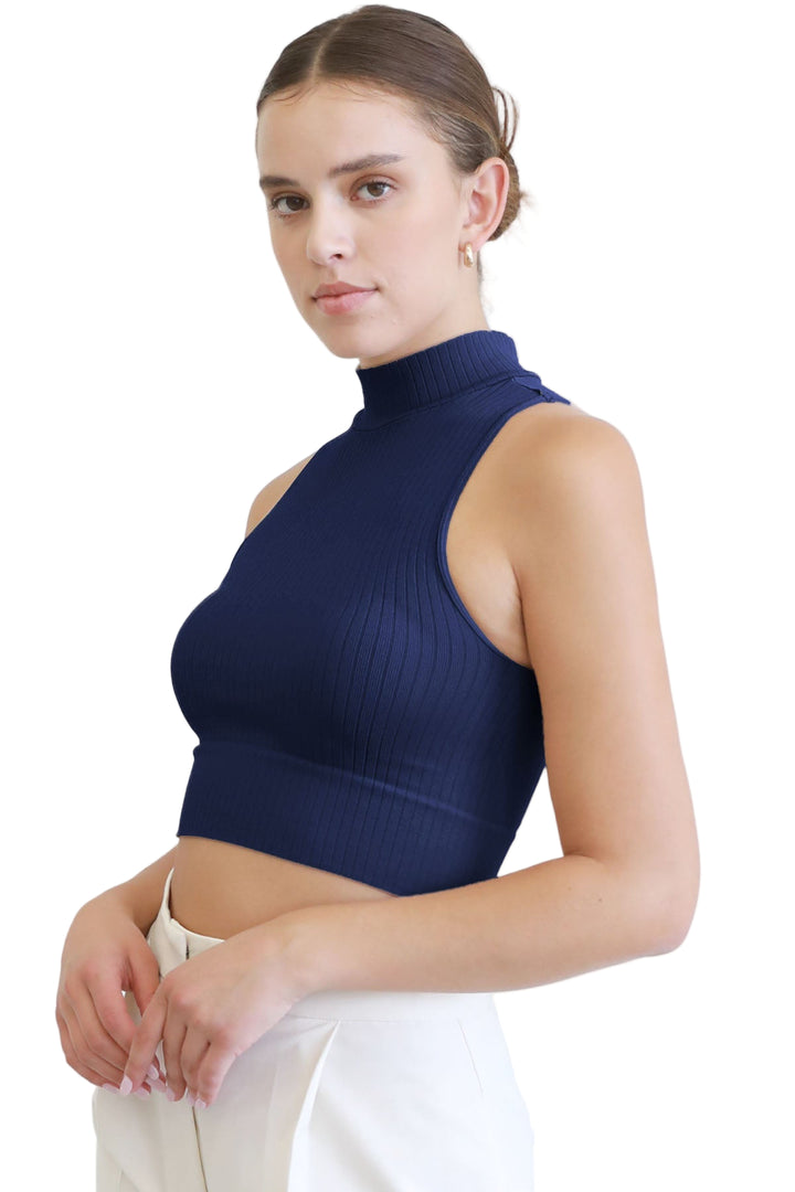 NikiBiki Ribbed Mock Neck Crop Top - Indigo - Side View