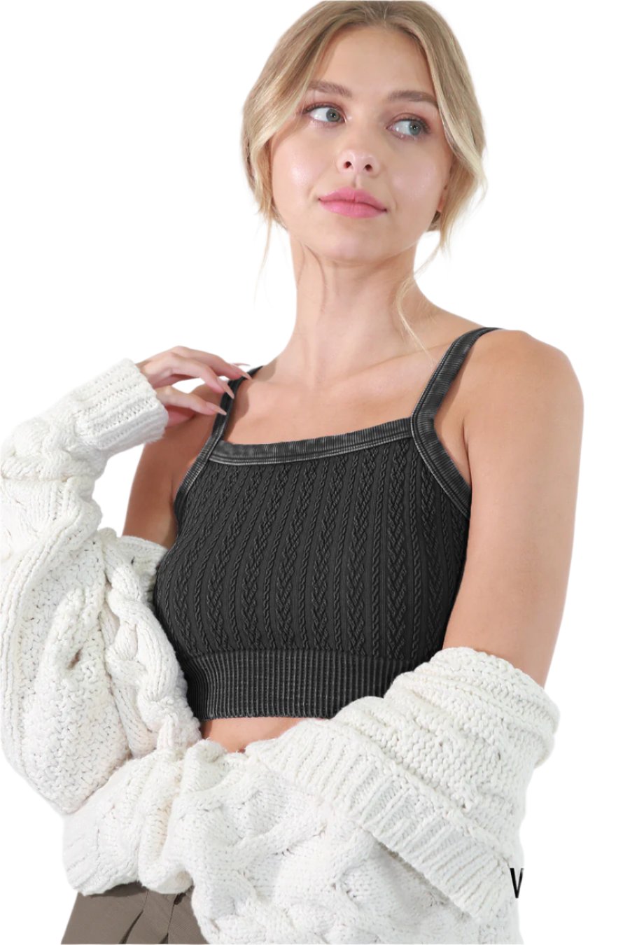 NikiBiki Vintage Cable Knit Bralette - Vintage Black - Front Side View