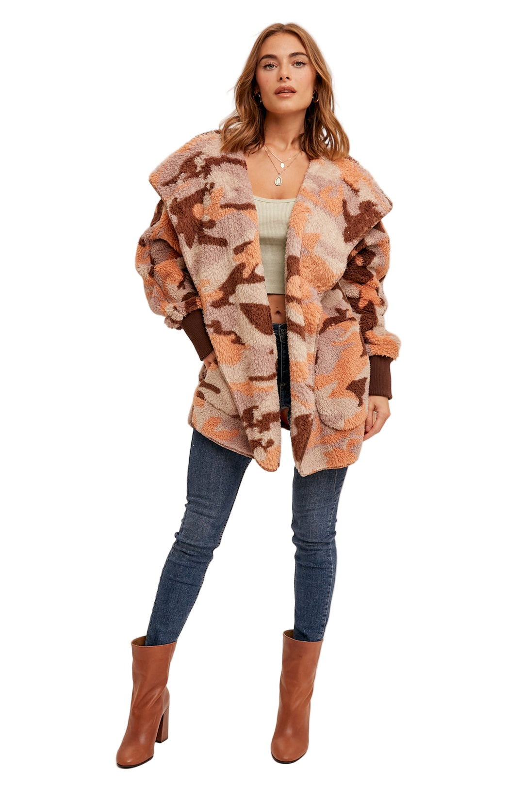 Hem & Thread Multi Color Stripe Oversized Fuzzy Hooded Jacket - Cream and Rose Stripes