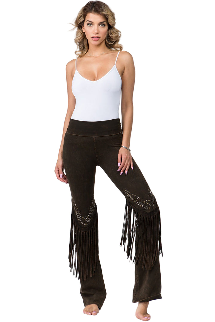 T-Party Fold Down STUDS and FRINGE Bottom Mineral Washed Yoga Pants - Brown - Front View