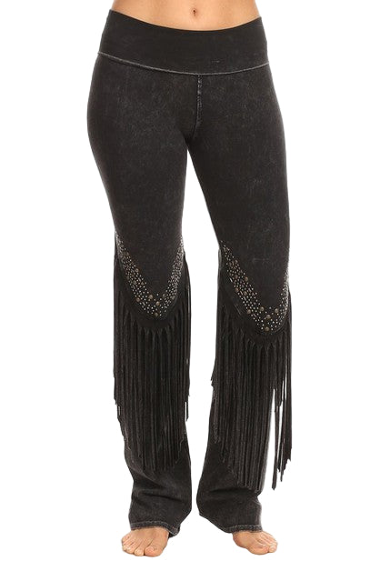 T-Party Fold Down STUDS and FRINGE Bottom Mineral Washed Yoga Pants - Black - Front View