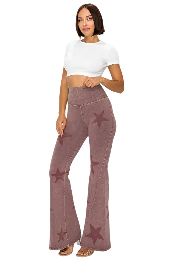 T-Party Mineral Wash Star Print Fold Over Waist Flare Pants - Dark Rose - Side Full View
